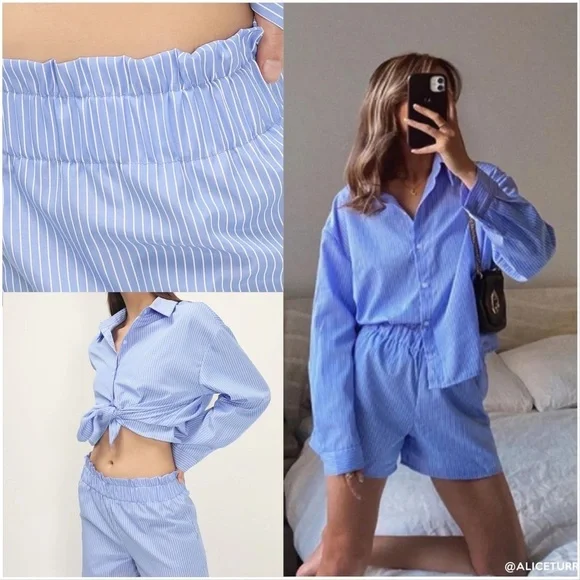 Storets Blue White Stripped Matching Shorts and Shirt Set - Picture 2 of 6